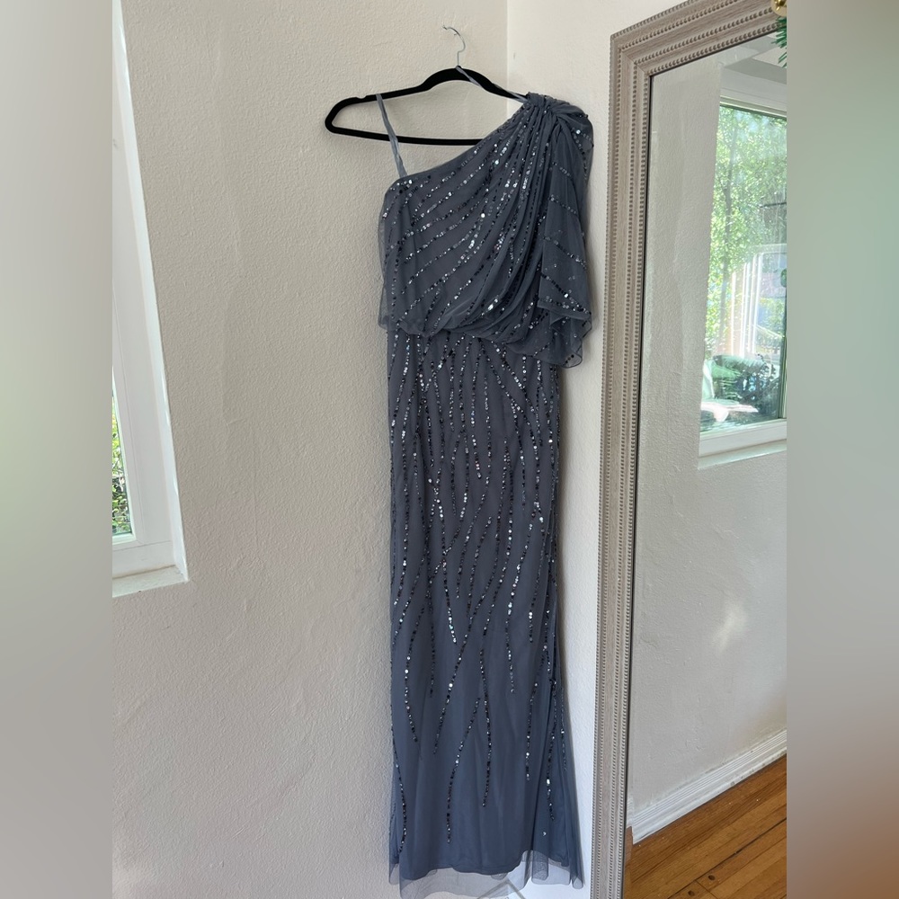 ADRIANNA PAPELL One Shoulder Beaded Dress - Dusty Blue (only worn once!)
